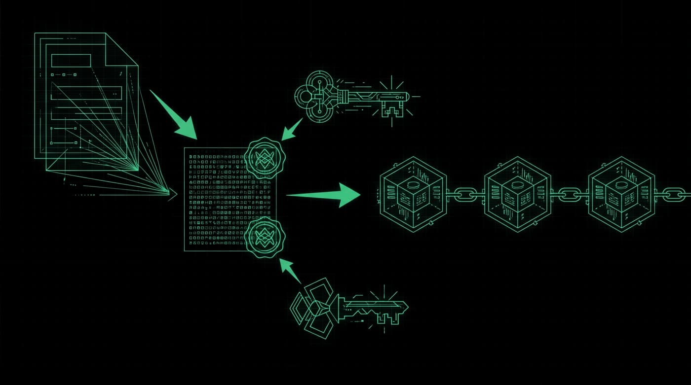 Three-stage diagram: a document is condensed into a hash, that hash is sealed with a key, then the sealed block is chained to hexagonal nodes.